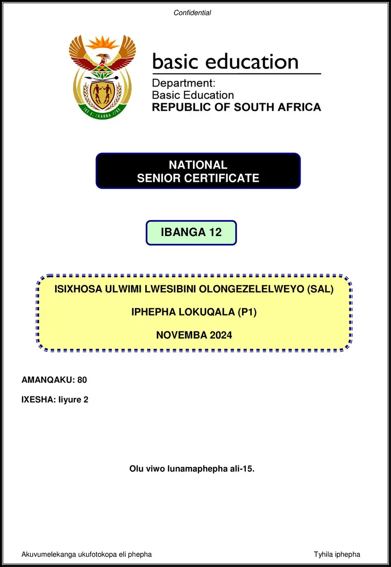 Grade 12 isiXhosa past paper 2024 – isixhosa sal p1 nov 2024 gr12