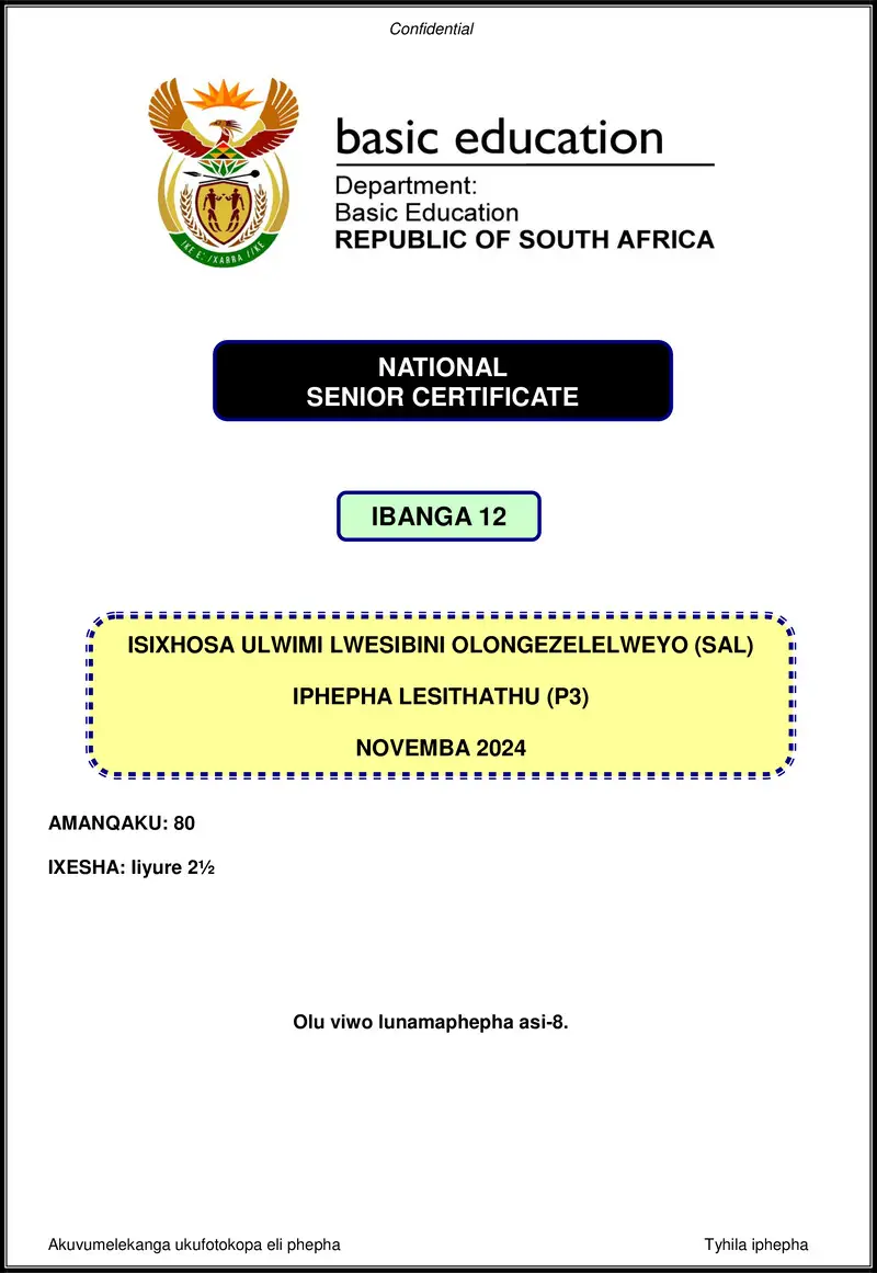 Grade 12 isiXhosa past paper 2024 – isixhosa sal p3 nov 2024 gr12
