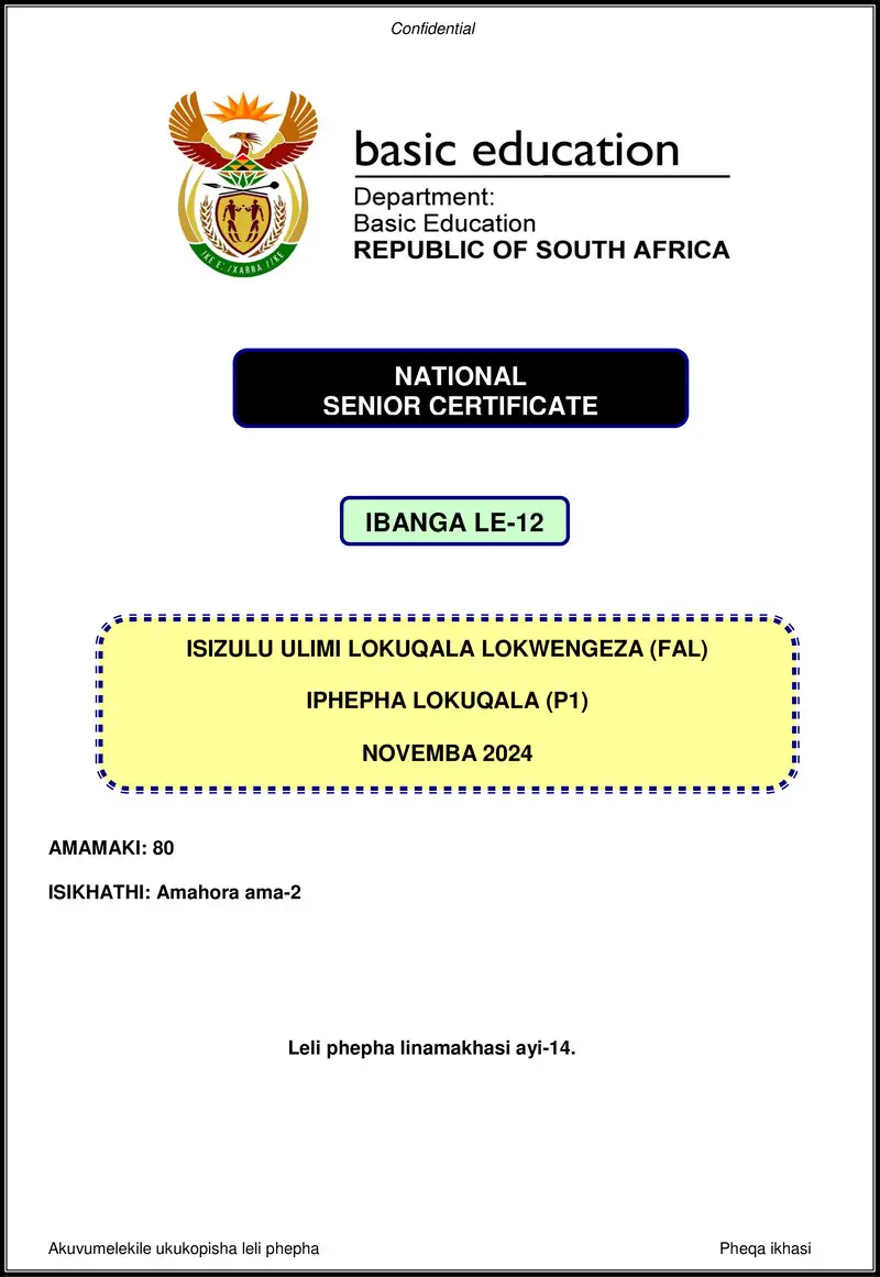 Grade 12 isiZulu past paper 2024 – isizulu fal p1 nov 2024 gr12