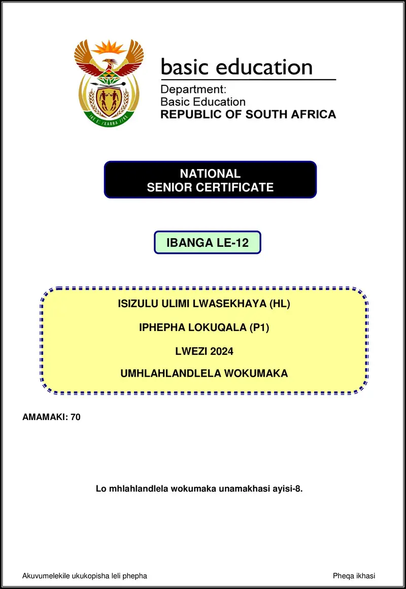 Grade 12 isiZulu past paper 2024 – isizulu hl p1 nov 2024 mg gr12