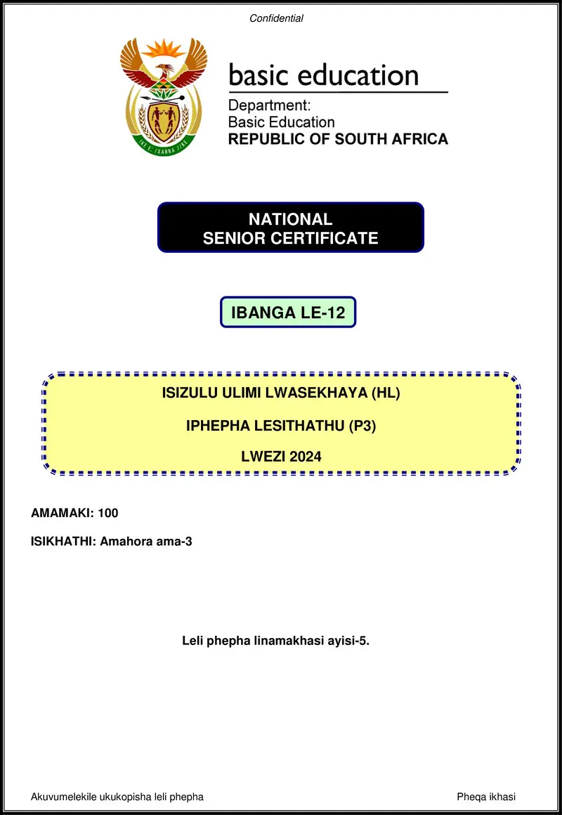 Grade 12 isiZulu past paper 2024 – isizulu hl p3 nov 2024 gr12