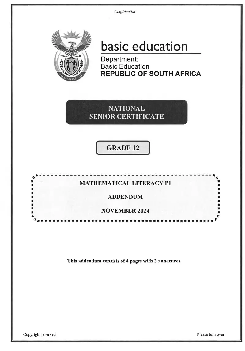 Grade 12 Mathematical Literacy past paper 2024 – mathematical literacy p1 nov 2024 addendum eng gr12