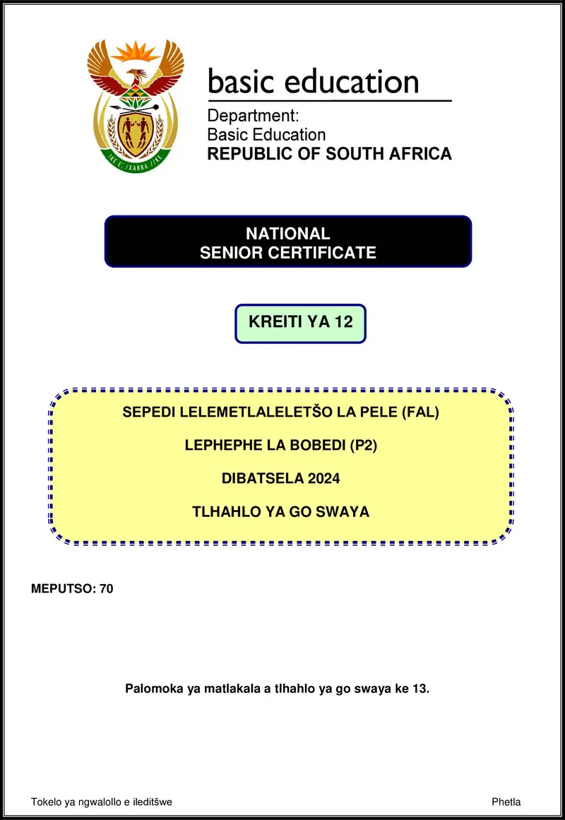 Grade 12 Sepedi past paper 2024 – sepedi fal p2 nov 2024 mg gr12