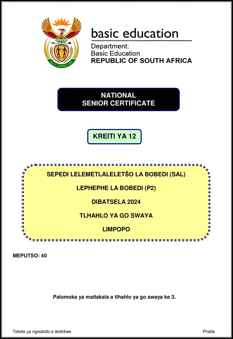Grade 12 Sepedi past paper 2024 – sepedi sal p2 nov 2024 mg limpopo gr12