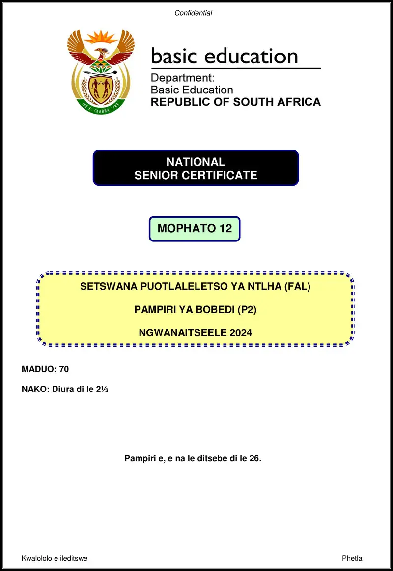 Grade 12 Setswana past paper 2024 – setswana fal p2 nov 2024 gr12