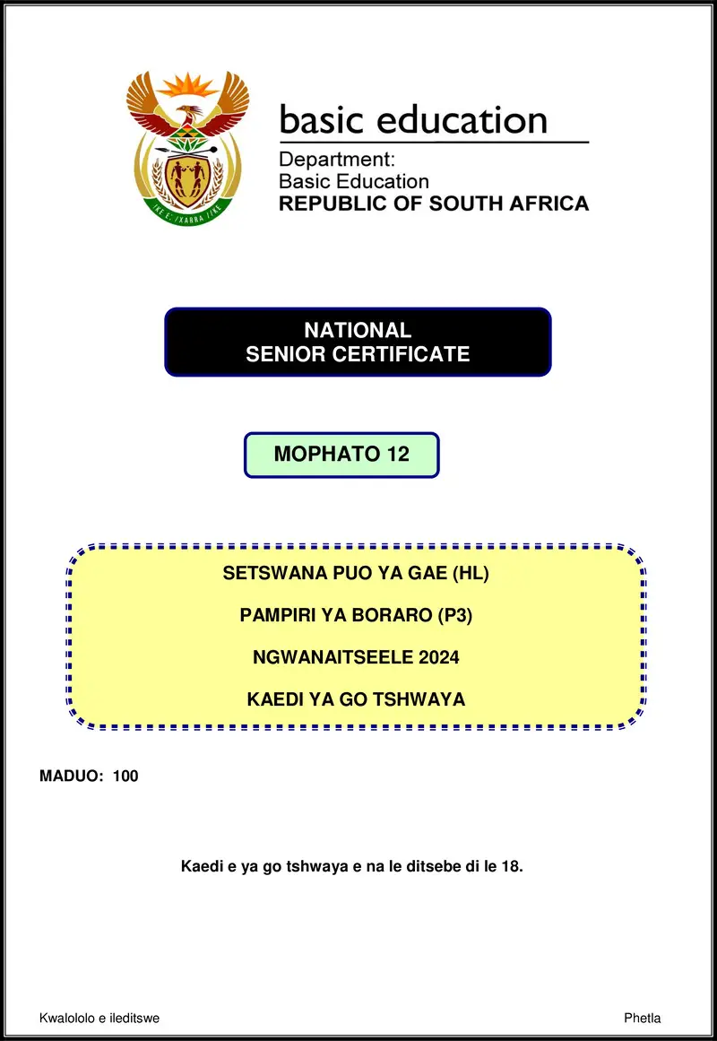 Grade 12 Setswana past paper 2024 – setswana hl p3 nov 2024 mg gr12