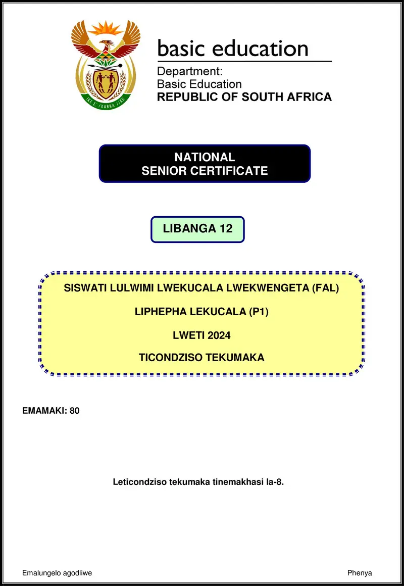 Grade 12 Siswati past paper 2024 – siswati fal p1 nov 2024 mg gr12