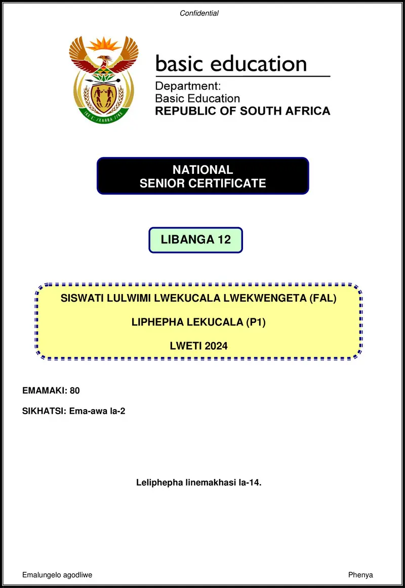 Grade 12 Siswati past paper 2024 – siswati fal p1 nov 2024 gr12