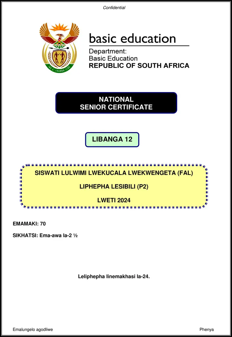 Grade 12 Siswati past paper 2024 – siswati fal p2 nov 2024 gr12