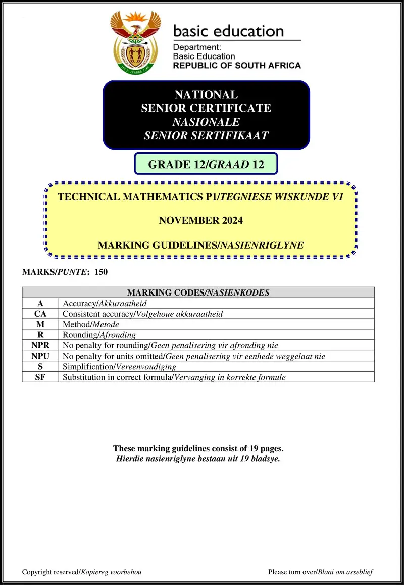 Grade 12 Technical Mathematics past paper 2024 – technical mathematics p1 nov 2024 mg afr eng gr12