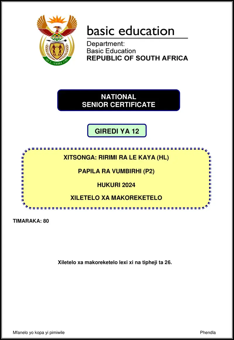 Xitsonga Hl P2 Nov 2024 Mg Gr12