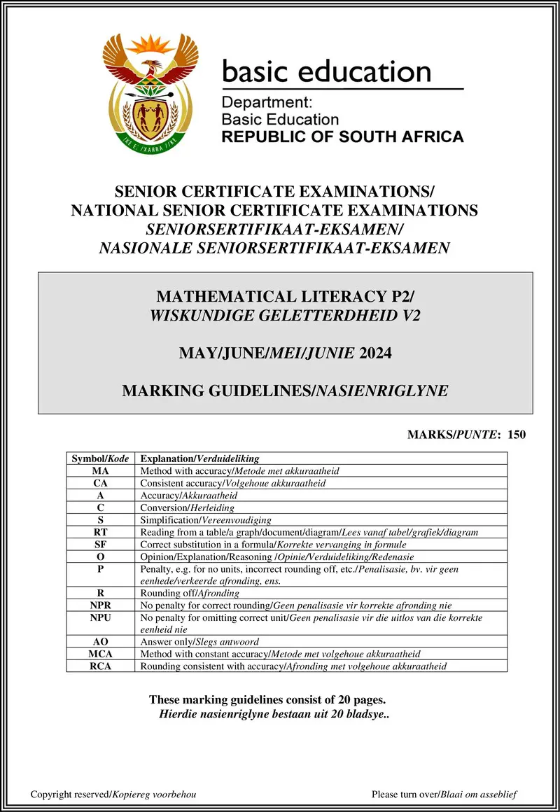 Grade 12 Mathematical Literacy past paper 2024 – mathematical literacy p2 may june 2024 mg afr eng gr12