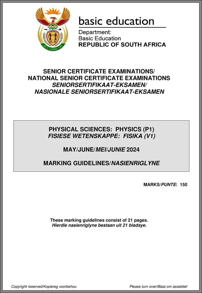 Grade 12 Physical Sciences past paper 2024 – physical sciences p1 may june 2024 mg afr eng gr12