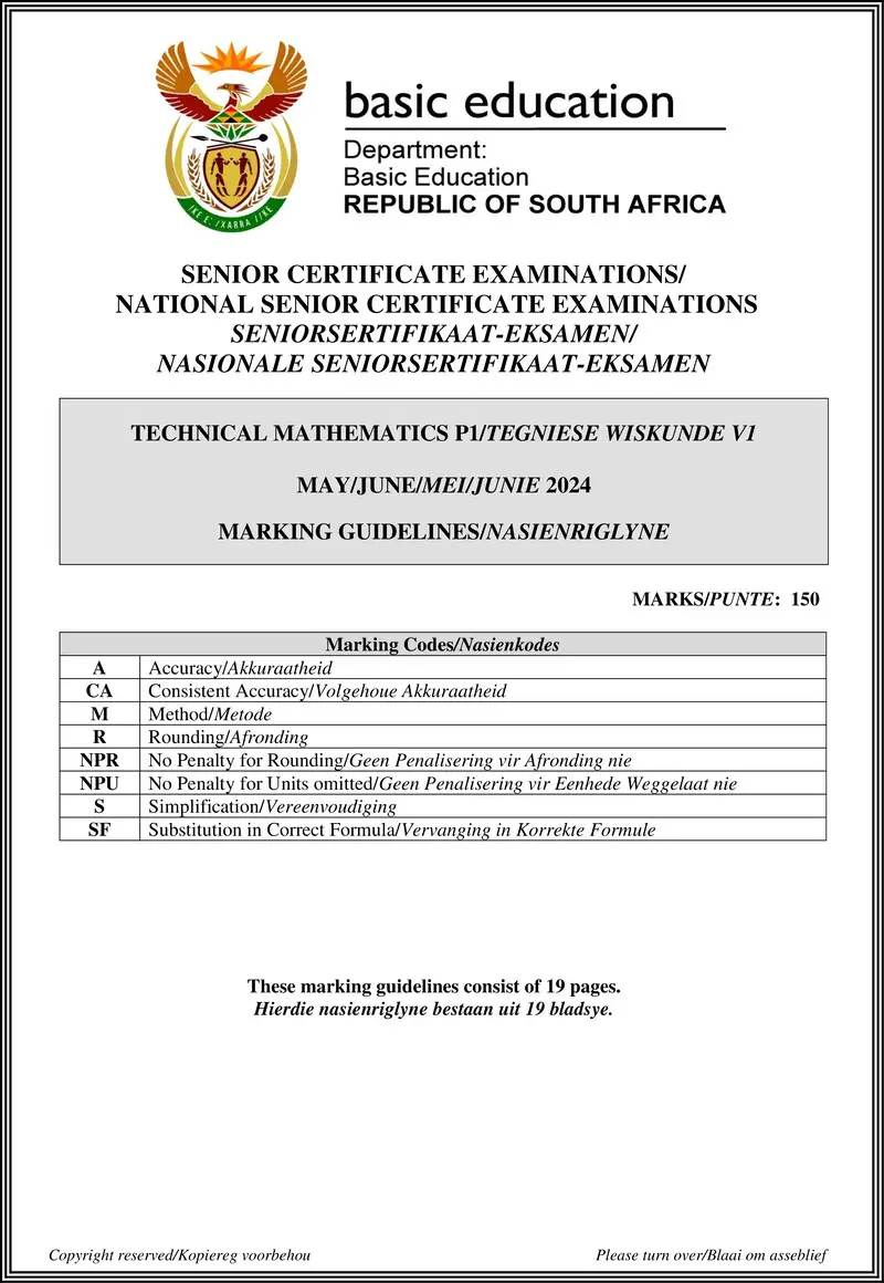 Grade 12 Technical Mathematics past paper 2024 – technical mathematics p1 may june 2024 mg eng afr gr12