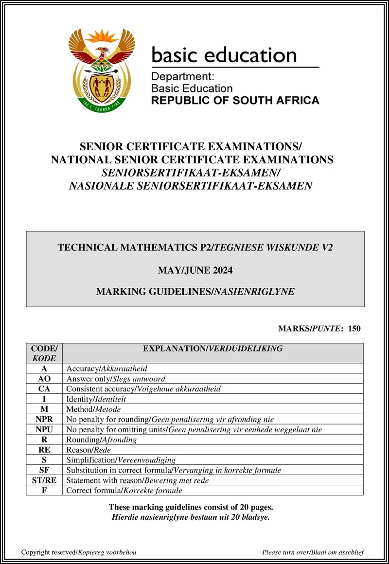 Grade 12 Technical Mathematics past paper 2024 – technical mathematics p2 may june 2024 mg afr eng gr12