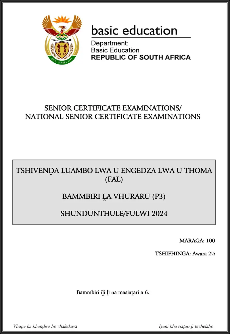 Grade 12 Tshivenda past paper 2024 – tshivenda fal p3 may june 2024 gr12