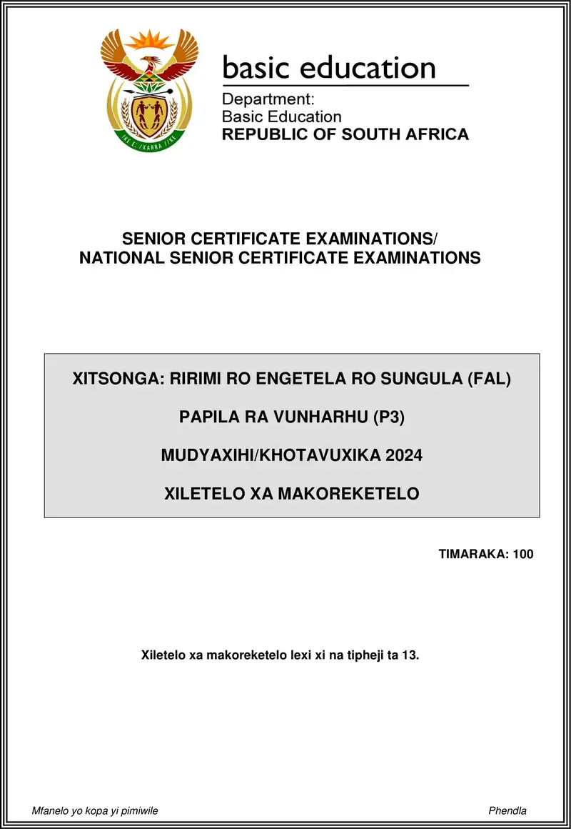 Grade 12 Xitsonga past paper 2024 – xitsonga fal p3 may june 2024 mg gr12