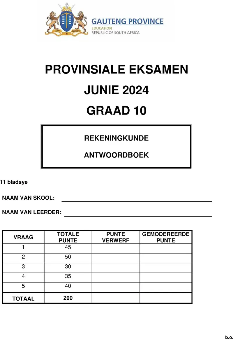 Grade 10 Provincial Exam Accounting Afr June 2024 Answer Book 1