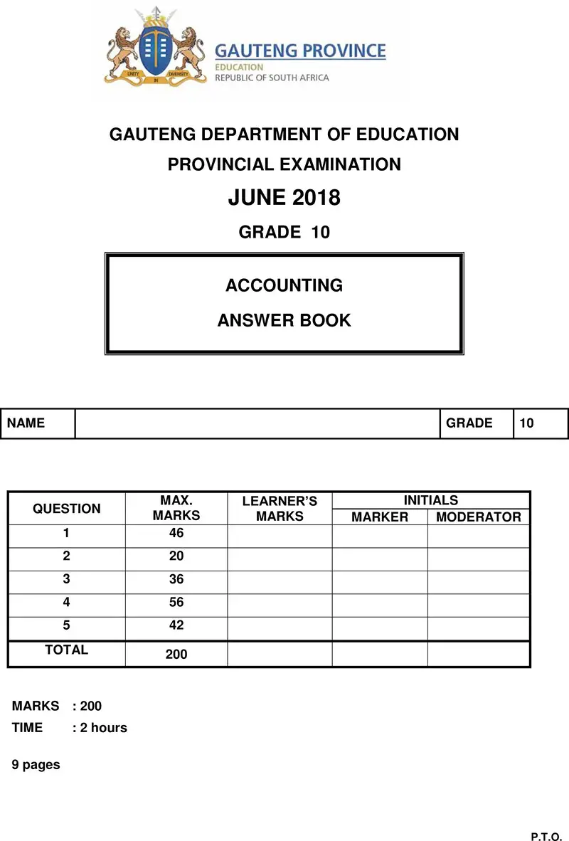 Grade 10 Provincial Exam Accounting Ng June 2018 Answer Book