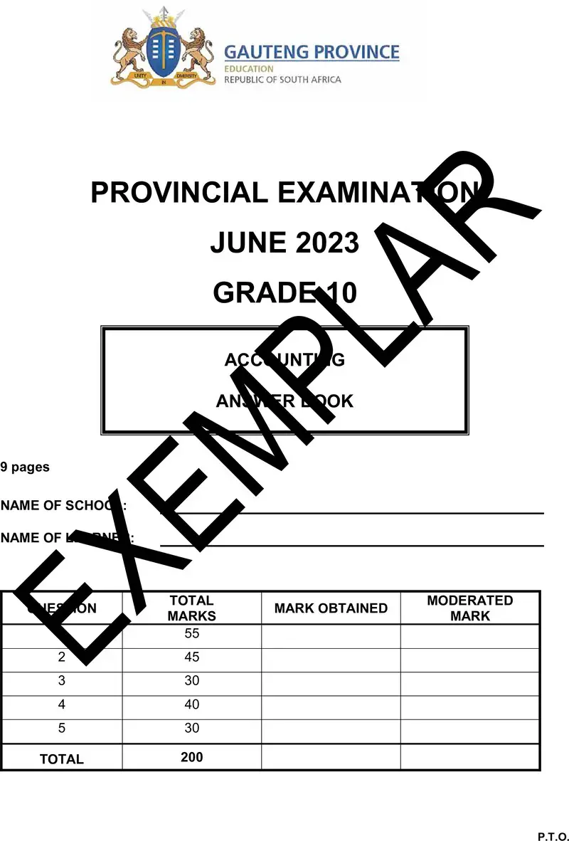 Grade 10 Provincial Exam Accounting Ng June 2023 Answer Book