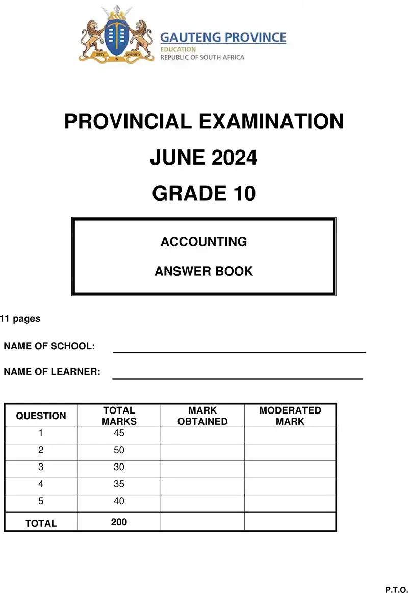 Grade 10 Provincial Exam Accounting Ng June 2024 Answer Book 1