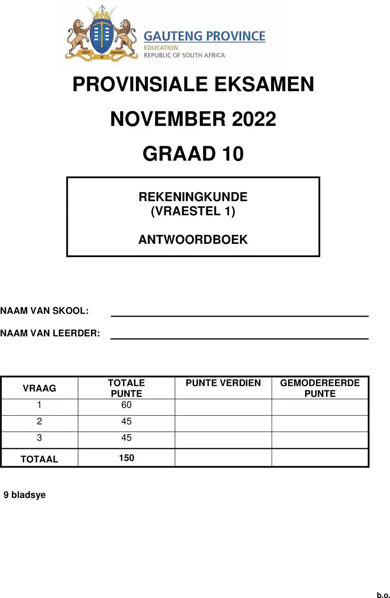 Grade 10 Provincial Exam Accounting P1 Afr November 2022 Answer Book