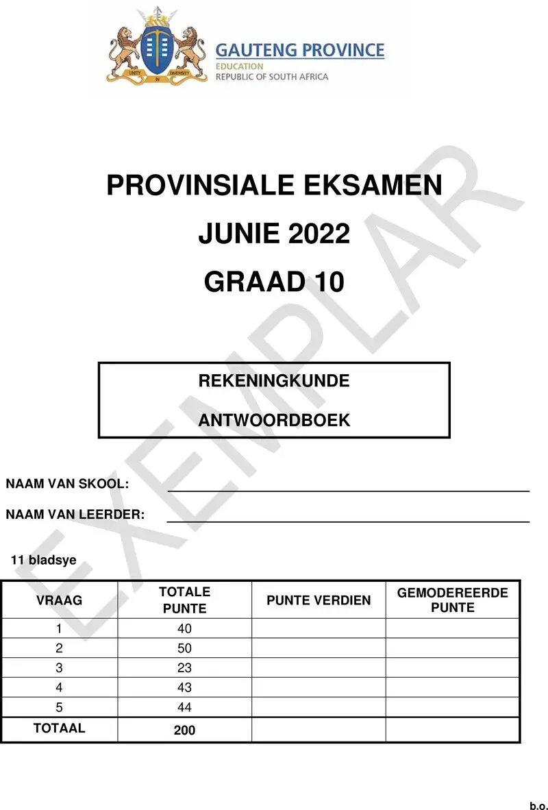 Grade 10 Provincial Exam Accounting P1 Afikaans June 2022 Answer Book