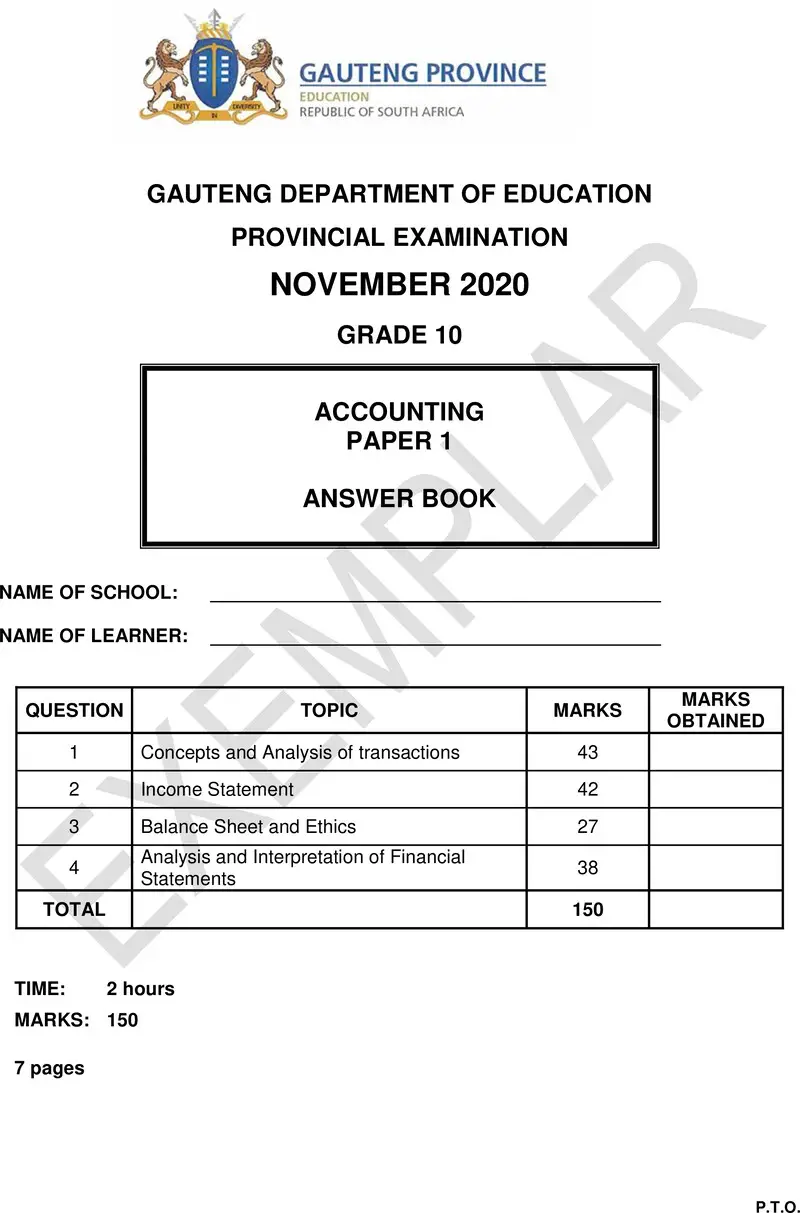 Grade 10 Provincial Exam Accounting P1 Ng 2020 Exemplars Answer Book
