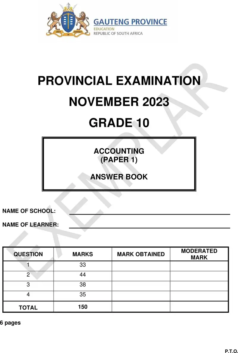 Grade 10 Provincial Exam Accounting P1 Ng November 2023 Answer Book