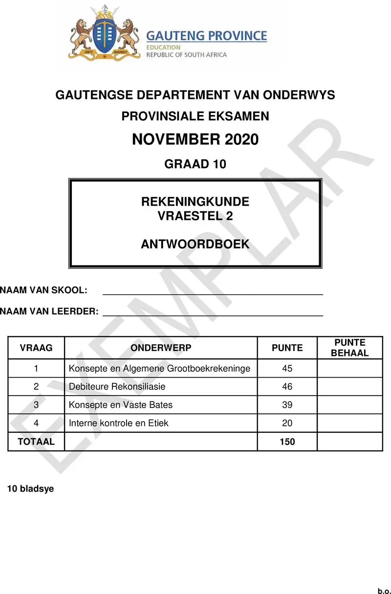 Grade 10 Provincial Exam Accounting P2 Afr 2020 Exemplars Answer Book
