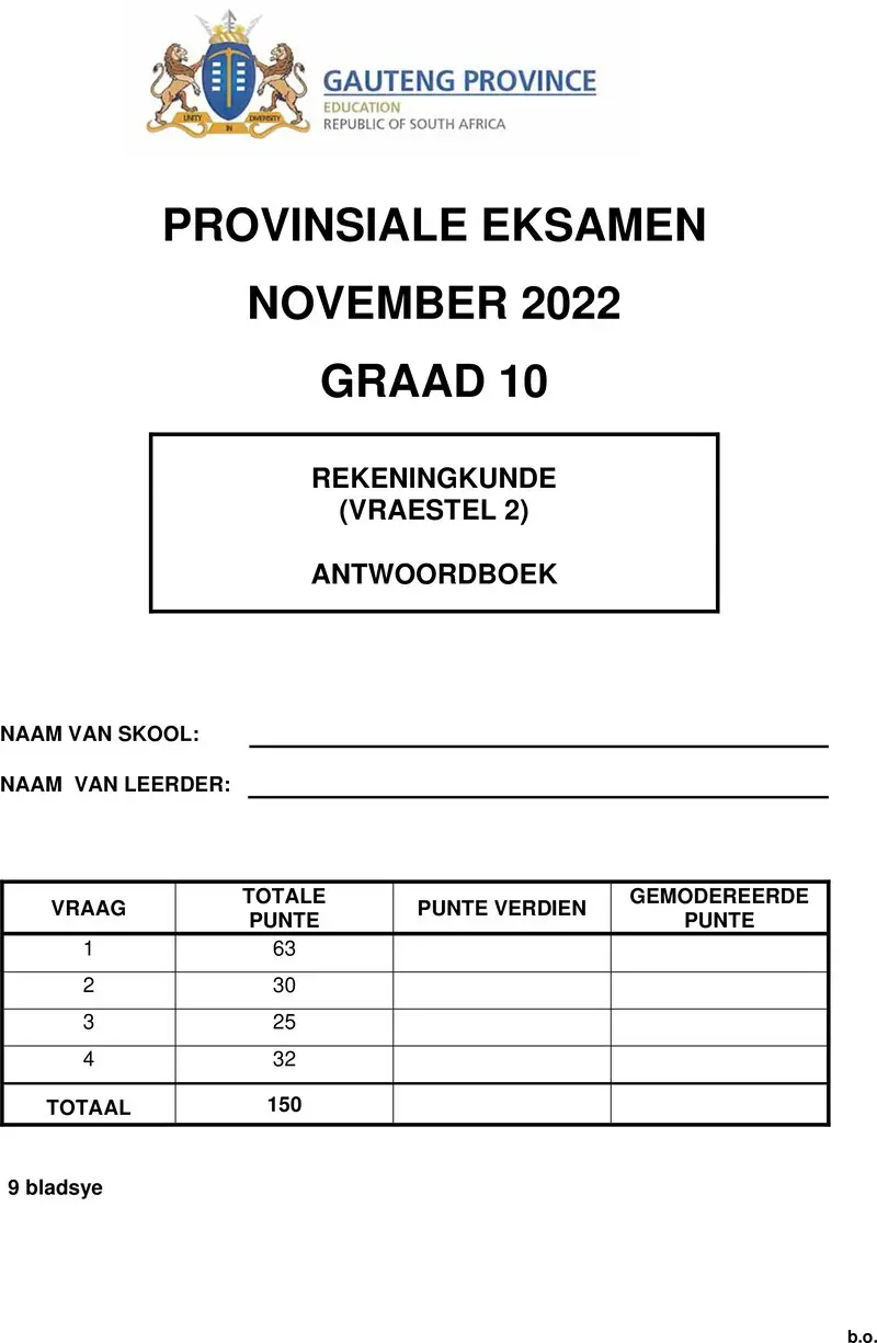 Grade 10 Provincial Exam Accounting P2 Afr November 2022 Answer Book