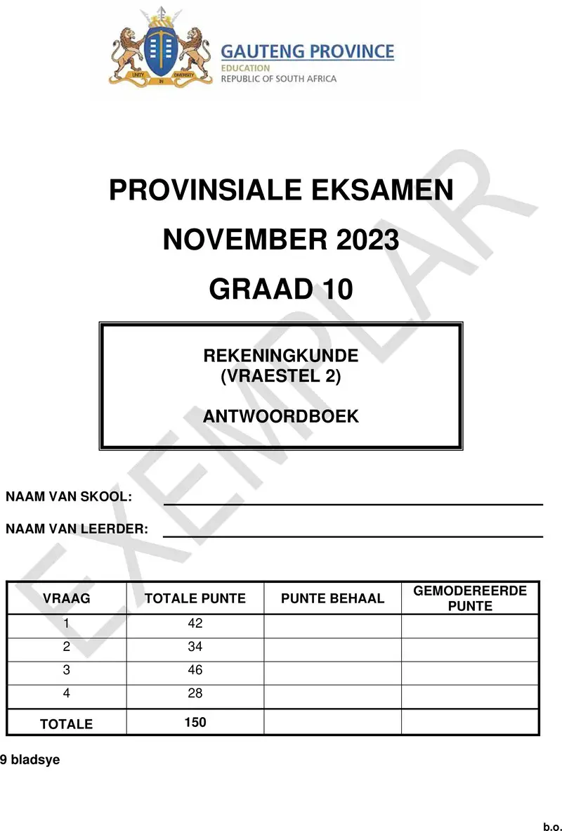 Grade 10 Provincial Exam Accounting P2 Afr November 2023 Answer Book