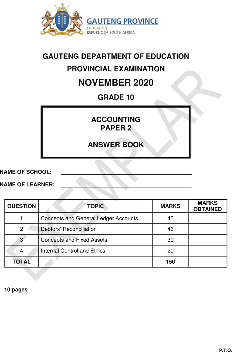 Grade 10 Provincial Exam Accounting P2 Ng 2020 Exemplars Answer Book