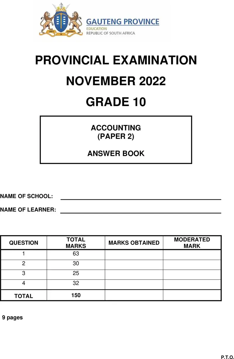 Grade 10 Provincial Exam Accounting P2 Ng November 2022 Answer Book