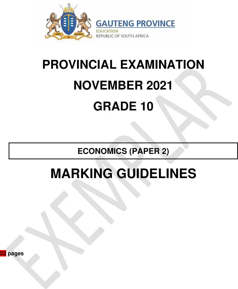 Grade 10 Provincial Exam Economics P2 Ng November 2021 Possible Answers