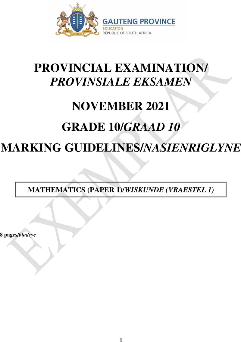Grade 10 Provincial Exam Mathematics P1 Ng And Afr November 2021 Possible Answers