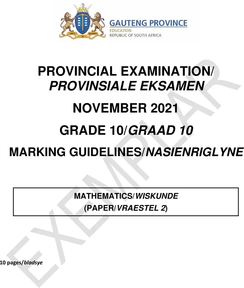 Grade 10 Mathematics past paper 2021 – grade 10 provincial exam mathematics p2 ng and afr november 2021 possible answers