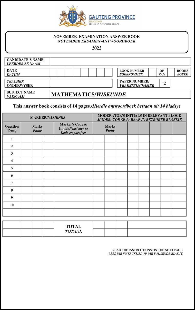 Grade 10 Mathematics past paper 2022 – grade 10 provincial exam mathematics p2 ng and afr november 2022 answer book