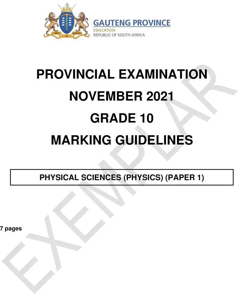 Grade 10 Provincial Exam Physical Sciences P1 Ng November 2021 Possible Answers