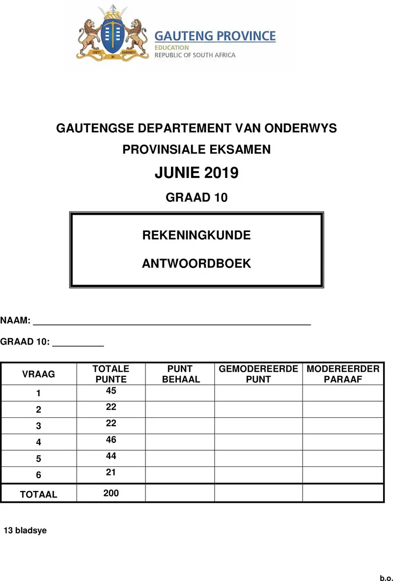 Grade 10 Provincial Exam Accounting Afr June 2019 Answer Book