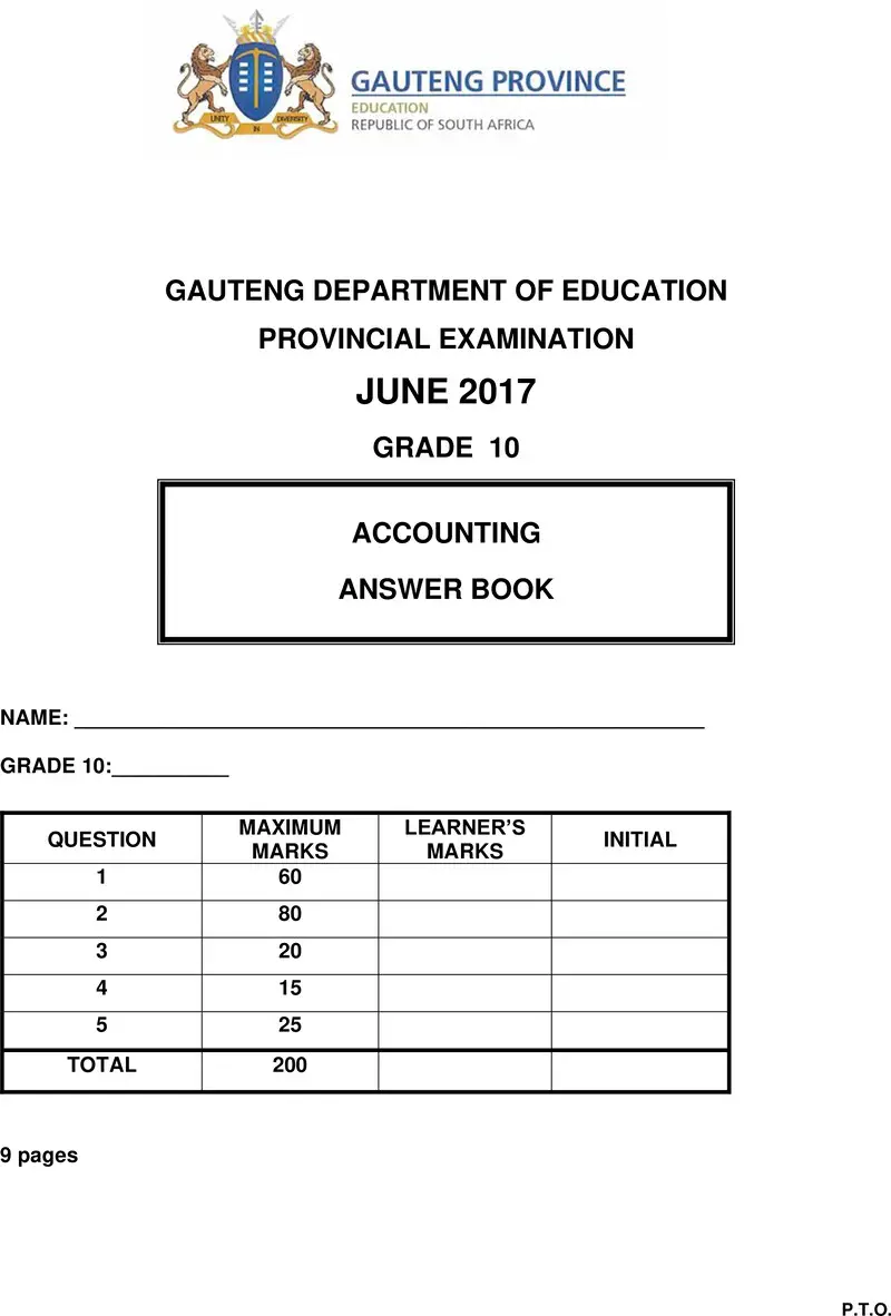 Grade 10 Provincial Exam Accounting June 2017 Answer Book