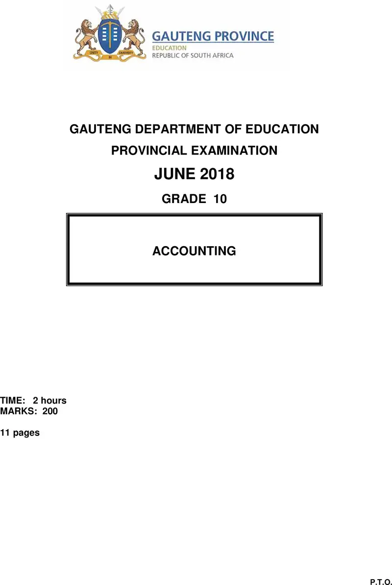 Grade 10 Provincial Exam Accounting Ng June 2018 QP