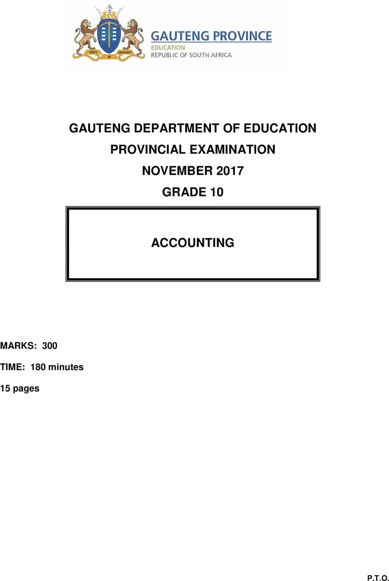 Grade 10 Provincial Exam Accounting Ng November 2017 QP