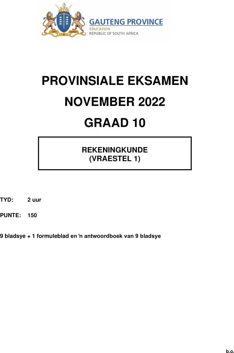 Grade 10 Provincial Exam Accounting P1 Afr November 2022 QP