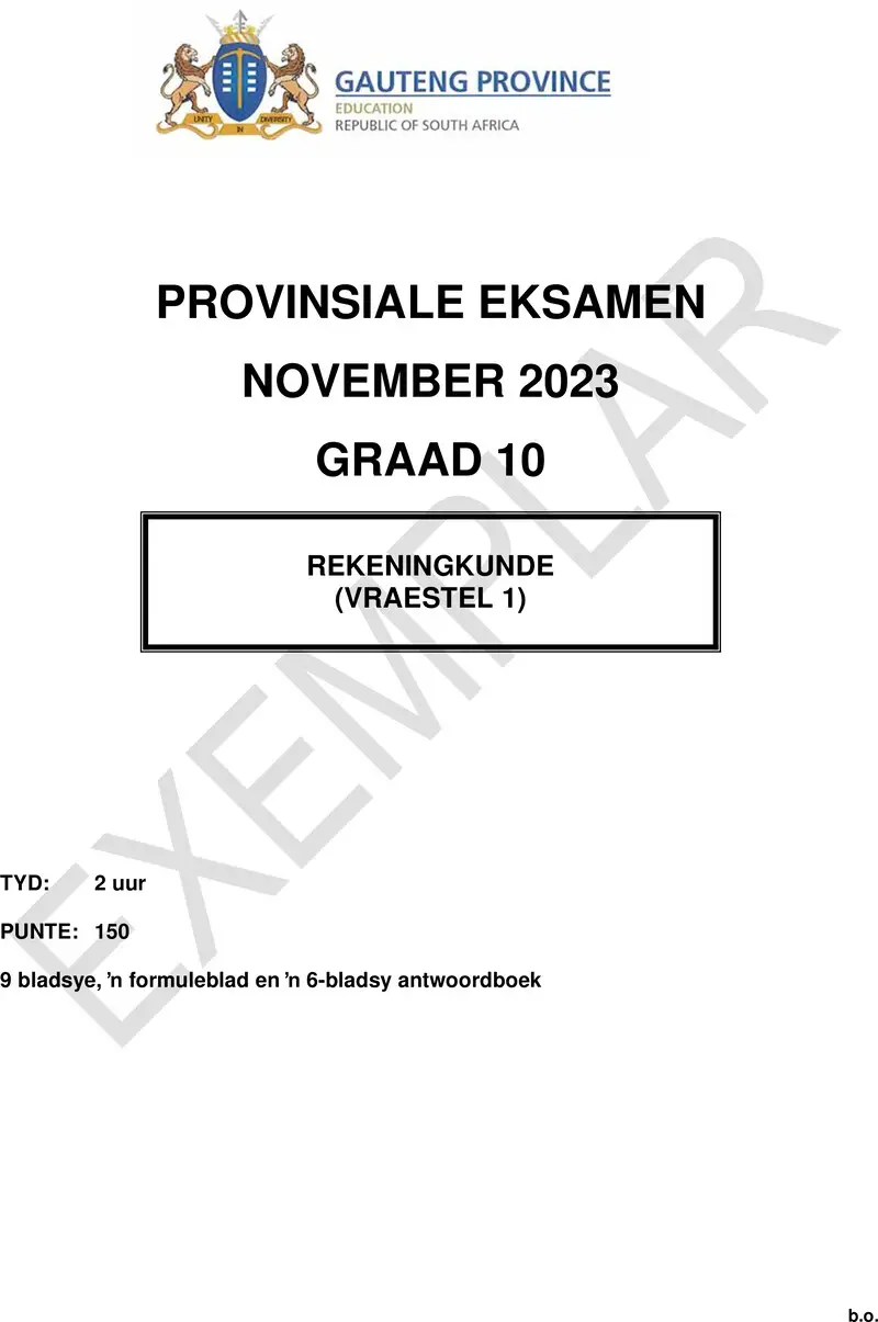 Grade 10 Provincial Exam Accounting P1 Afr November 2023 QP