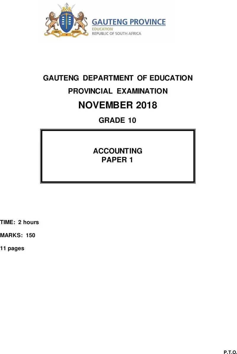 Grade 10 Provincial Exam Accounting P1 Ng November 2018 QP