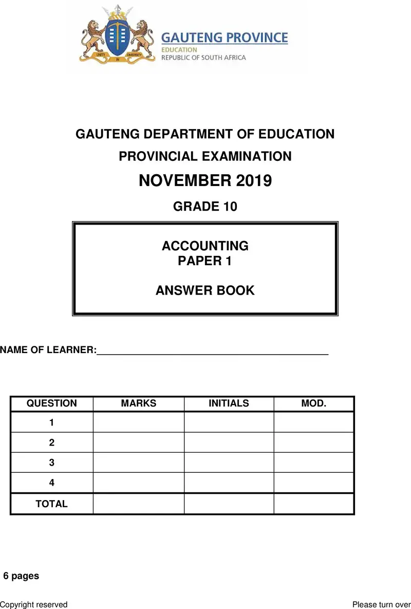 Grade 10 Provincial Exam Accounting P1 Ng November 2019 Answer Book