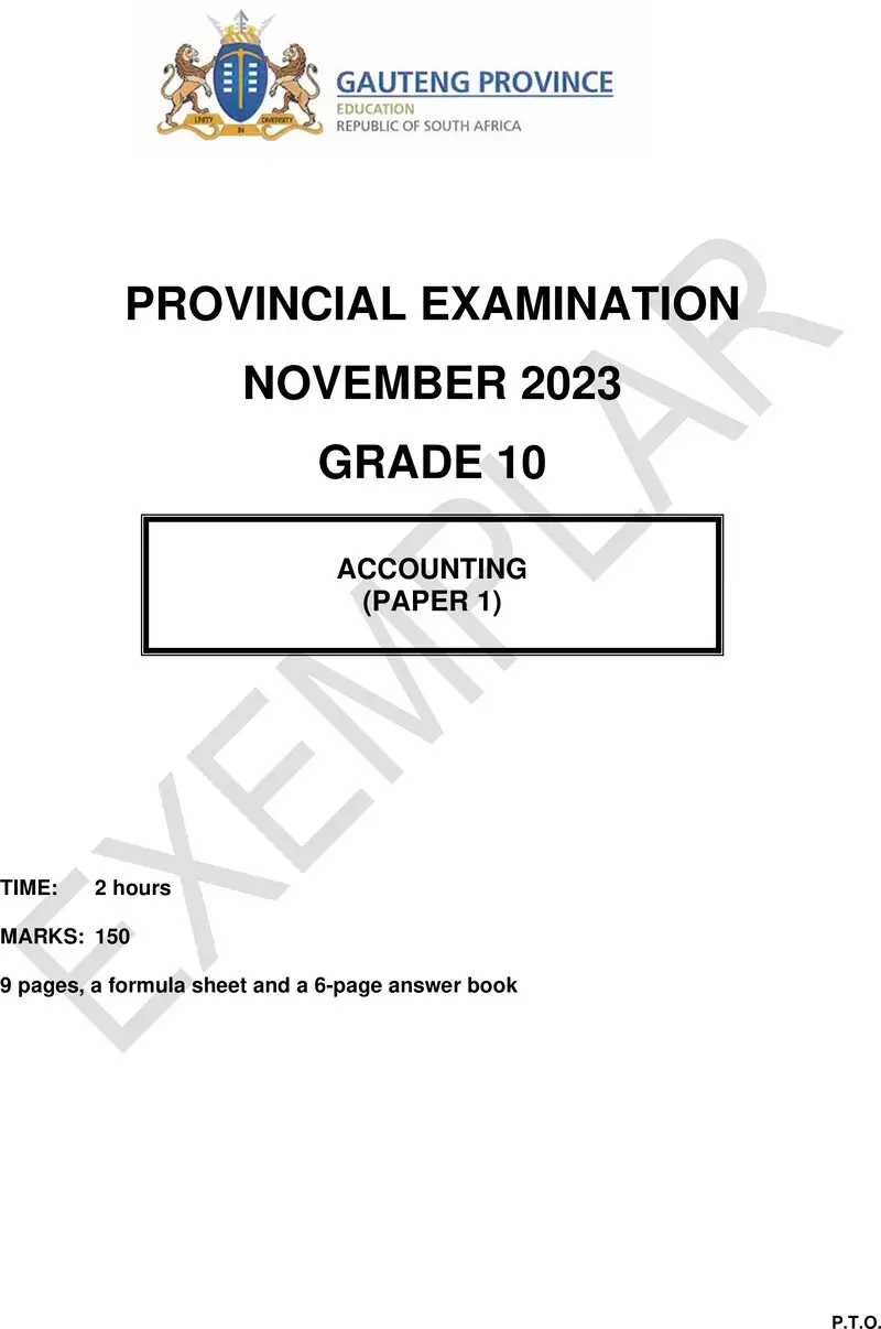 Grade 10 Provincial Exam Accounting P1 Ng November 2023 QP