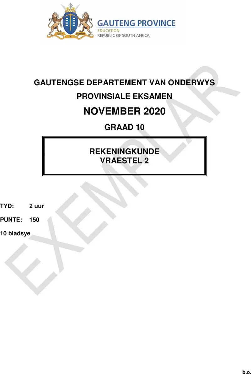 Grade 10 Provincial Exam Accounting P2 Afr 2020 Exemplars QP