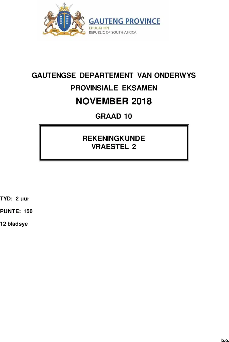 Grade 10 Provincial Exam Accounting P2 Afr November 2018 QP